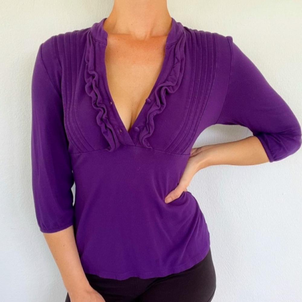 Style & Co Petite purple ruffle neckline empire waist stretch blouse size large